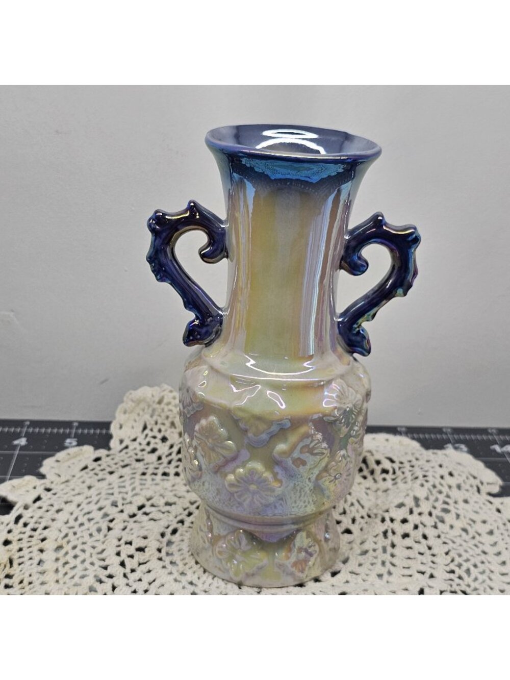 Small Vintage White And Blue Iridescent Lusterware Ceramic Flower Vase